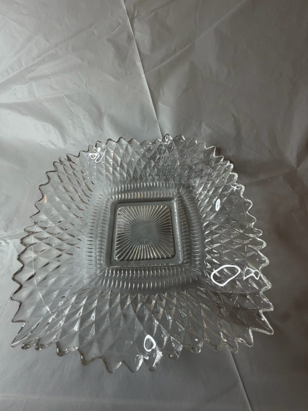 Vintage Indiana Glass Diamond Point square candy dish with ruffled edge.